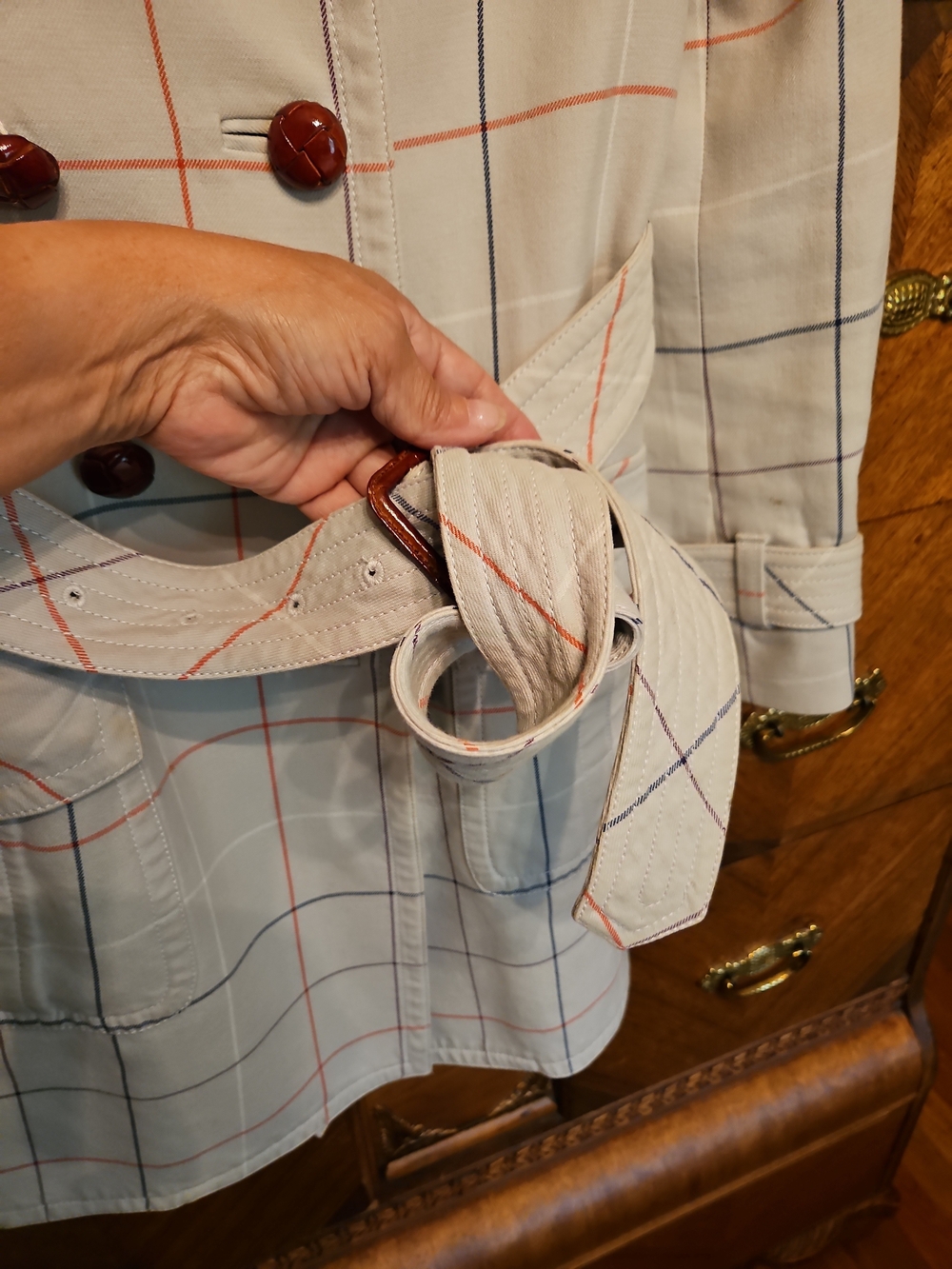 Coach Size 0 Plaid Double-Breasted Trench Coat Cream FLAWS - Picture 7 of 13